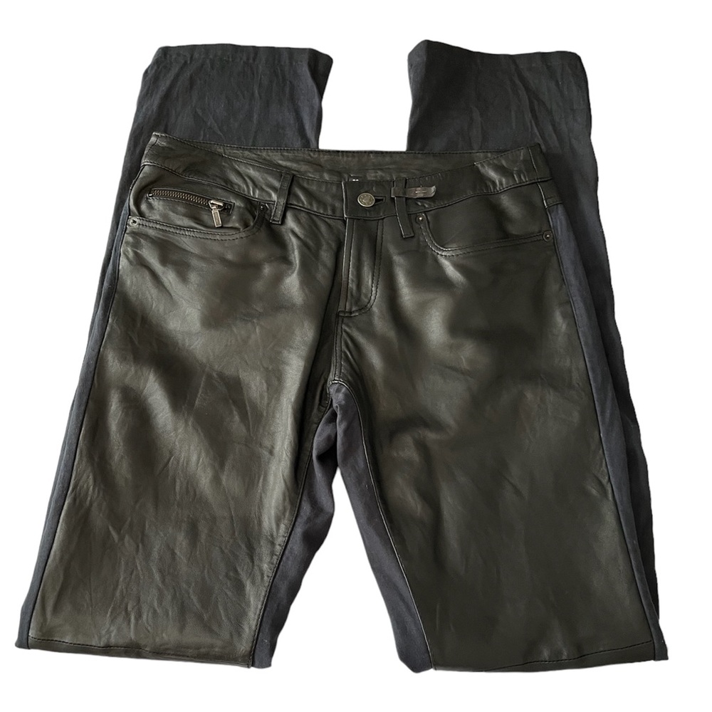 LEATHER FRONT COTTON BACK STRAIGHT LEG TROUSERS
